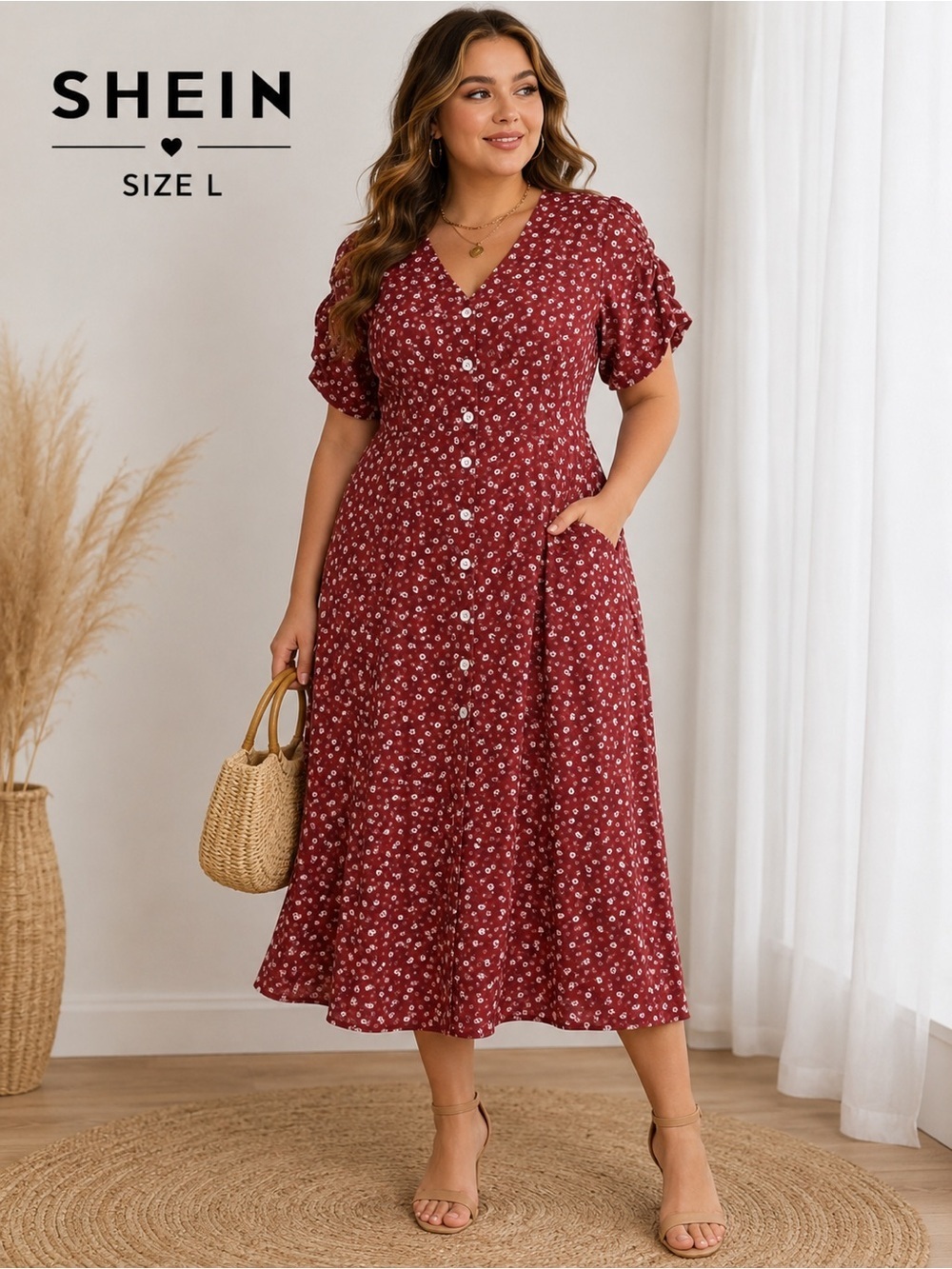 SHEIN Casual Red Puff Sleeve V-Neck Midi Sundress/size L